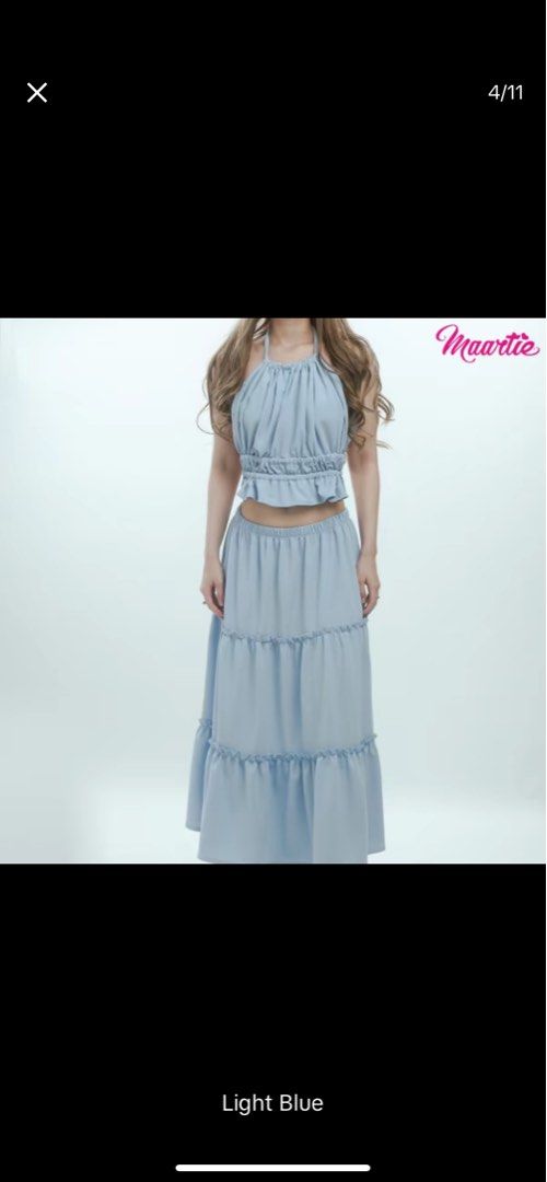 Light Blue Halter Top and Maxi Skirt Set (Category: Sets or Coordinates) located in Quezon City. Submitted by westings (Listing ID 1414032509, Image 1). Description: Light blue halter top and maxi skirt set Top: Cropped with gathered neckline Skirt: Tiered maxi skirt Ideal for: Summer days, casual events Fits M to XL (im an xl) Bought from tiktok shop RFS: decluttering Mode of payment: Gcash, UB, BPI, PNB, COD Shipping via grab/lalamove/lbc/j&t M