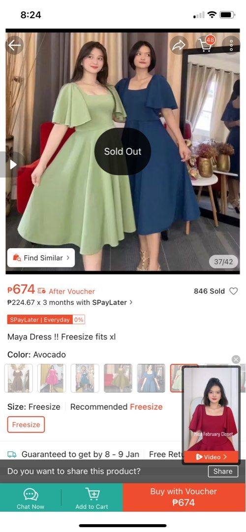 Maya Dress - Avocado Green - Freesize (Category: Dresses) located in Penaranda. Submitted by siobhanslittlecloset (Listing ID 1413982366, Image 2). Description: - Maya dress in avocado green - Features a square neckline and flutter sleeves - Fitted bodice with a flared skirt - Freesize fit, suitable for XL sizes - Perfect for various occasions.