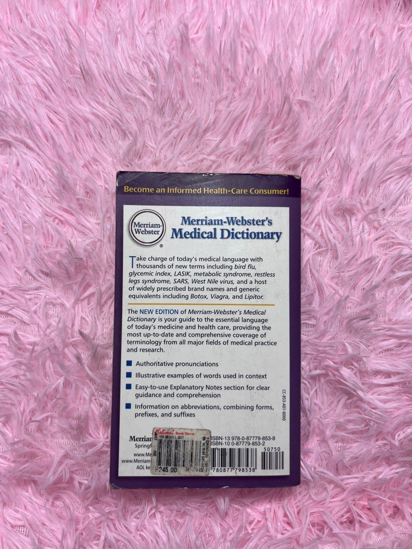 Merriam-Webster's Medical Dictionary (Category: Textbooks) located in Rizal. Submitted by armario.ph (Listing ID 1413934456, Image 3). Description: Merriam-Webster's Medical Dictionary, New Edition. Features more than 37,000 entries, over 2,000 new terms, authoritative pronunciations, and covers the latest brand names and generic equivalents. Includes information on abbreviations, combining forms, prefixes, and suffixes. Perfect for anyone lookin