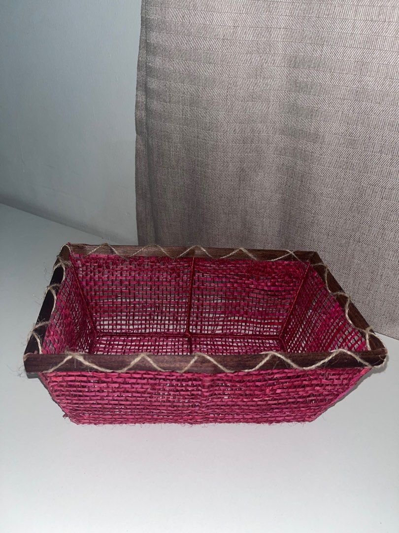 Red Woven Handmade Abaca Basket (Small) (Category: Storage Boxes & Baskets) located in Quezon City. Submitted by ammie__ (Listing ID 1414019433, Image 2). Description: *Only used for display *Sold separately; has 4 of this Size of top opening: 10 inch x 6 inch x 4 inch (25x15x10 cm) Size of bottom: 8 inch x 4.5 inch (20x11 cm) Materials: wire, abaca, jute fibers .