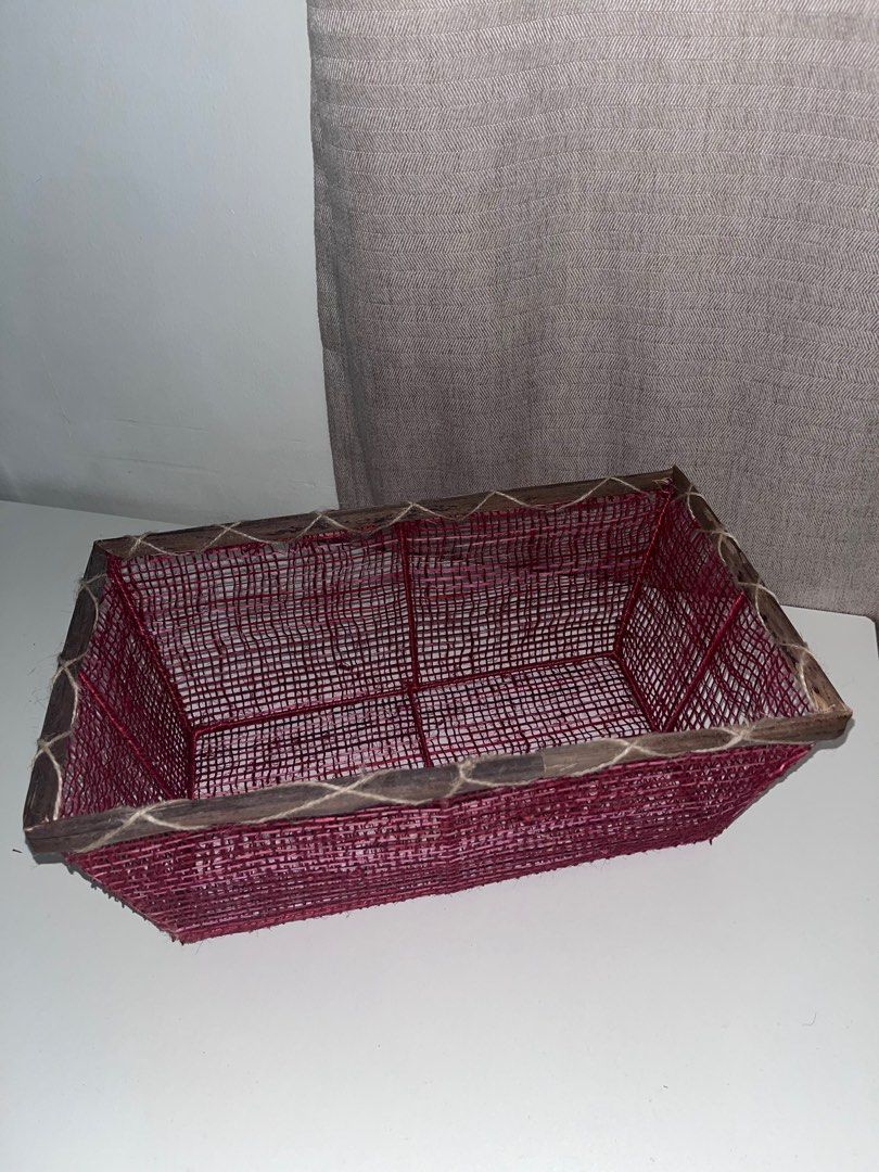 Red Woven Handmade Abaca Basket (Large) (Category: Storage Boxes & Baskets) located in Quezon City. Submitted by ammie__ (Listing ID 1414020188, Image 2). Description: *Only used for display *Sold separately; has 14 pcs of this Size of top opening: 13.5 inch x 8 inch x 5 inch (34x20x12 cm) Size of bottom: 1 inch x 6 inch (28x15 cm) Materials: wire, abaca, jute fibers.