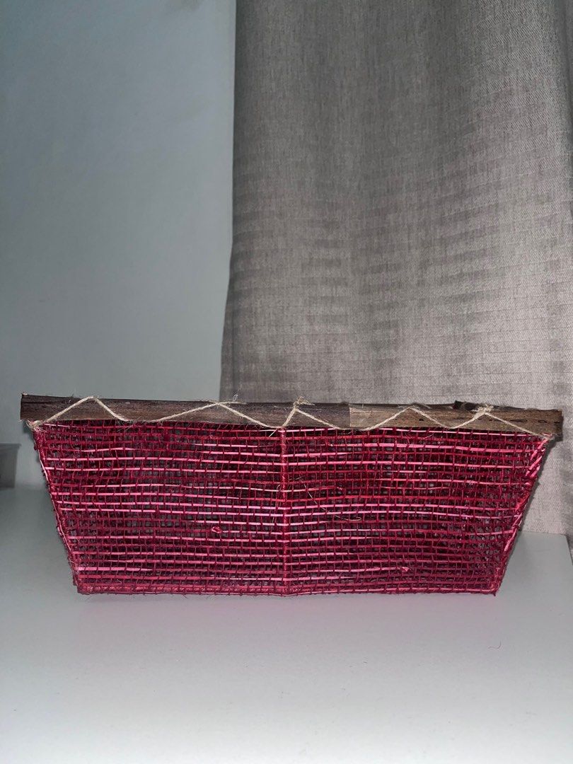 Red Woven Handmade Abaca Basket (Large) (Category: Storage Boxes & Baskets) located in Quezon City. Submitted by ammie__ (Listing ID 1414020188, Image 1). Description: *Only used for display *Sold separately; has 14 pcs of this Size of top opening: 13.5 inch x 8 inch x 5 inch (34x20x12 cm) Size of bottom: 1 inch x 6 inch (28x15 cm) Materials: wire, abaca, jute fibers.