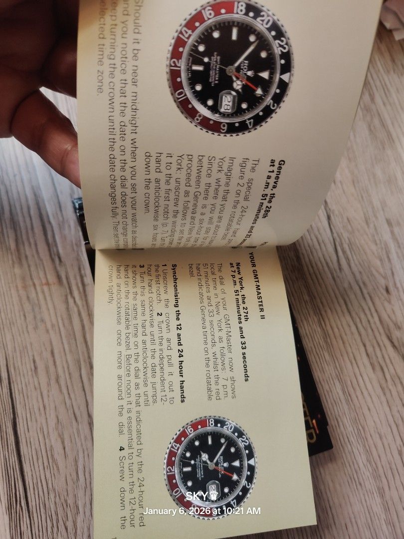 Rolex GMT-Master Booklet (Category: Luxury Watches) located in Quezon City. Submitted by sky_sale (Listing ID 1413873984, Image 3). Description: - Vintage Rolex GMT-Master II booklet. - Provides information about the GMT-Master II watch. - Includes instructions for setting time and date. - Showcases different GMT-Master II models and their features. - Likely from the early 2000s. 90s and early 2000s 7500 up.