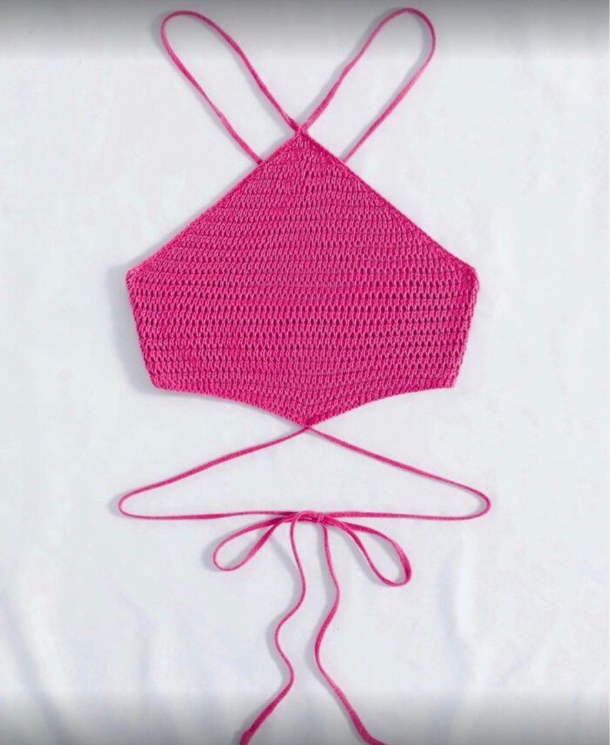 SHEIN Pink Crochet Halter Knit Top (Category: Sleeveless) located in Manila. Submitted by nikashoppe (Listing ID 1414028667, Image 1). Description: SHEIN criss cross tie back halter knit top!.