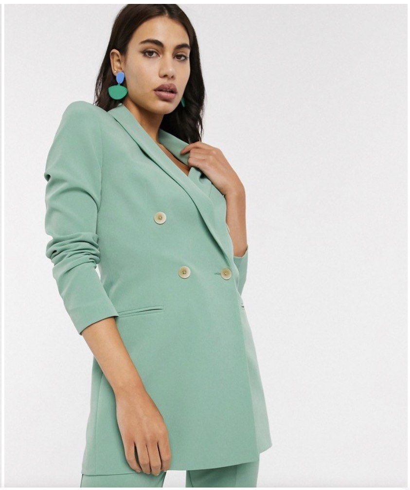 Stradivarius Blazer Dress Mint Green (Category: Coats, Jackets and Outerwear) located in Taguig. Submitted by usedonce (Listing ID 1413878167, Image 2). Description: Can be worn as blazer or dress - Stradivarius blazer - Soft mint green color - Double-breasted with four buttons - Classic lapel - Tailored fit - Long sleeves - Size M.
