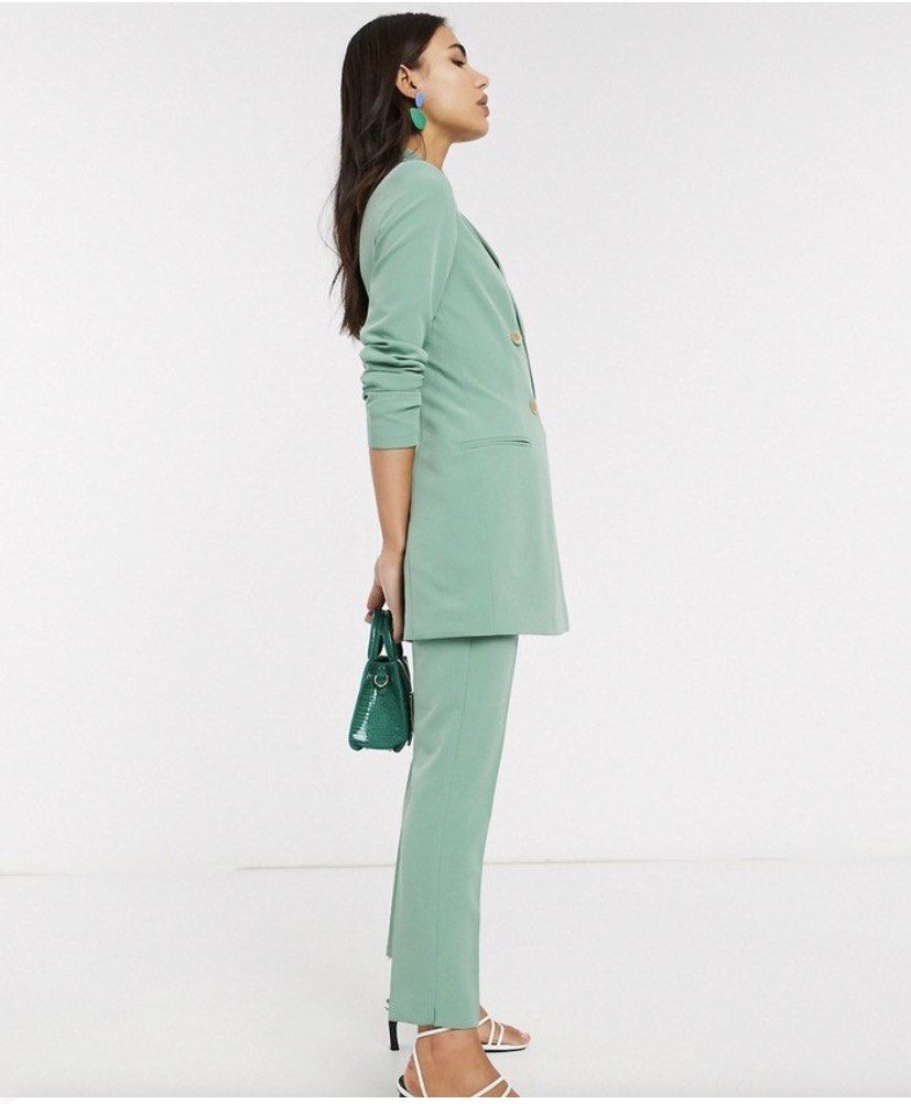 Stradivarius Blazer Dress Mint Green (Category: Coats, Jackets and Outerwear) located in Taguig. Submitted by usedonce (Listing ID 1413878167, Image 3). Description: Can be worn as blazer or dress - Stradivarius blazer - Soft mint green color - Double-breasted with four buttons - Classic lapel - Tailored fit - Long sleeves - Size M.
