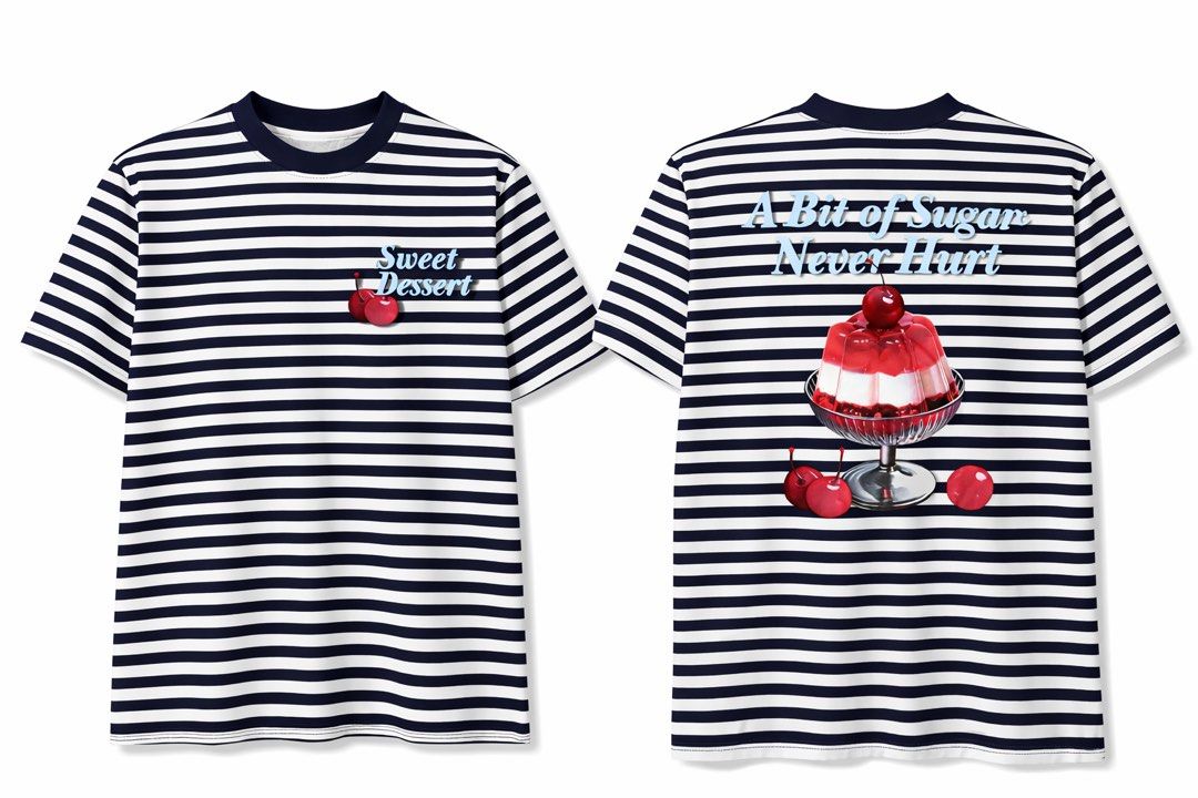Striped Cherry Dessert Tee (Category: Shirts) located in Manila. Submitted by rotation2000 (Listing ID 1413857638, Image 1). Description: Navy and white striped t-shirt with "Sweet Dessert" and cherry graphic on the front, and "A Bit of Sugar Never Hurt" with a dessert graphic on the back. Crew neck, short sleeves. Perfect for casual wear..
