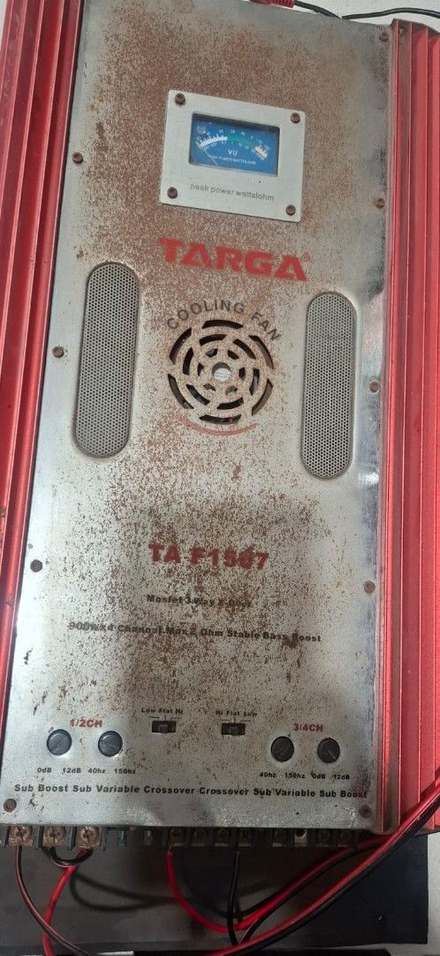 Targa TA F1507 Car Amplifier (Category: Soundbars, Speakers & Amplifiers) located in Cavite. Submitted by lonchel1571206 (Listing ID 1413906461, Image 1). Description: - Targa TA F1507 car amplifier - Cooling fan included - Built-in meter - Multiple input and output channels - Bass boost feature - Red and silver color scheme - Designed for car audio systems battery included 80% health.