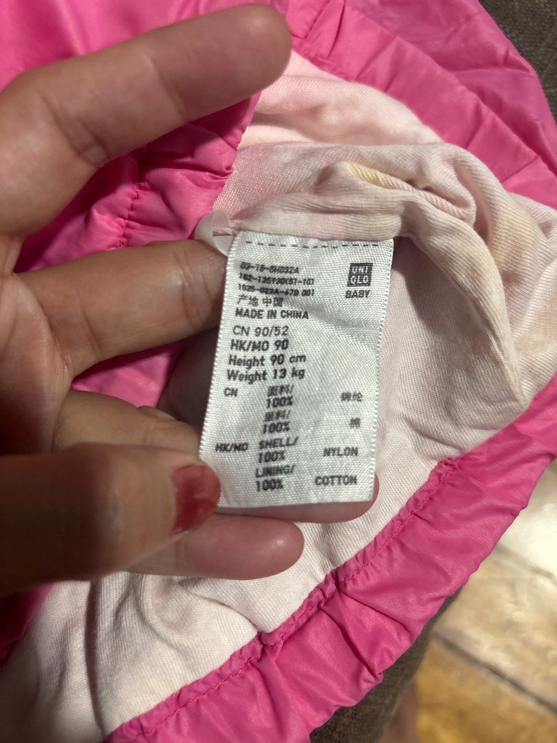 Uniqlo Baby Pink Jacket (Category: Babies & Kids Fashion) located in Manila. Submitted by abethgueco (Listing ID 1413992364, Image 3). Description: - Uniqlo baby jacket - Vibrant pink color - Size 90 (for 90cm height) - Hooded with full zipper - Lightweight and perfect for layering - Lining: Cotton - Shell: Nylon.