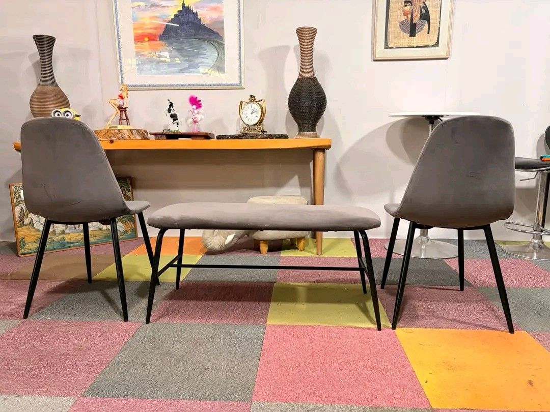 Velvet Bench and Chairs Set (Category: Chairs) located in Valenzuela. Submitted by princeraya55649 (Listing ID 1413936766, Image 1). Description: Modern Velvet Dining Bench & Chairs Eames Inspired 4-seater Dining Set Padded Velvet Fabric, Metal Legs Price : 9900 set *VIDEO ON COMMENT Chairs 17L x 18W x 17H seat height inches Sandalan height 32 inches Bench 38L x 16W x 17H inches In good condition Code HOMEBOSS 655.