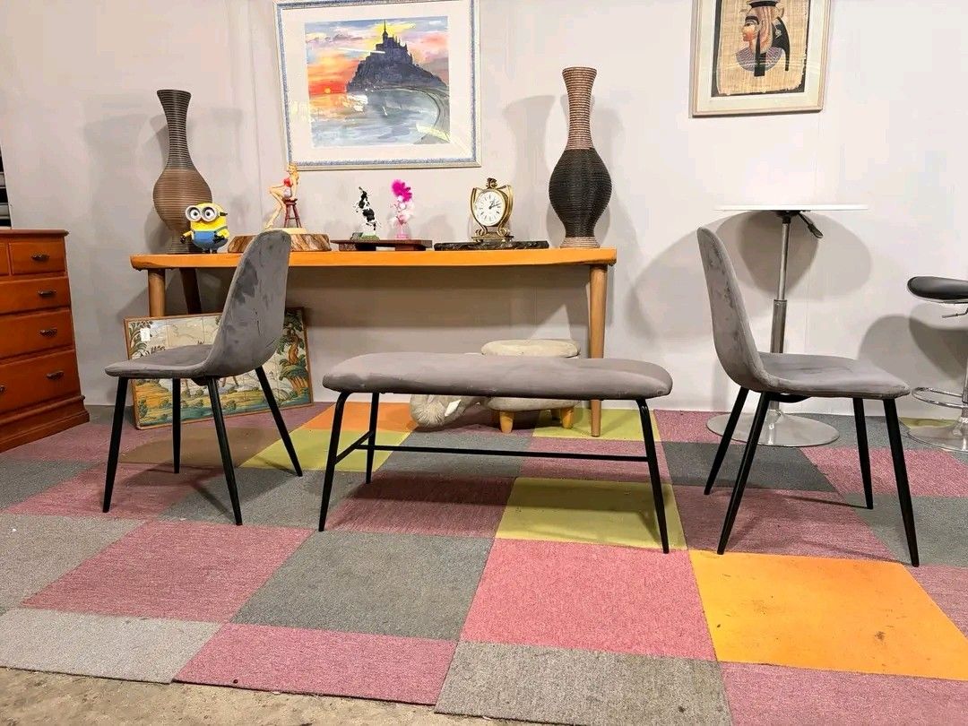 Velvet Bench and Chairs Set (Category: Chairs) located in Valenzuela. Submitted by princeraya55649 (Listing ID 1413936766, Image 2). Description: Modern Velvet Dining Bench & Chairs Eames Inspired 4-seater Dining Set Padded Velvet Fabric, Metal Legs Price : 9900 set *VIDEO ON COMMENT Chairs 17L x 18W x 17H seat height inches Sandalan height 32 inches Bench 38L x 16W x 17H inches In good condition Code HOMEBOSS 655.