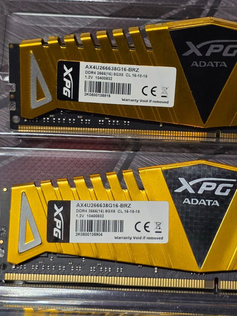 XPG ADATA DDR4 8GB 2666MHz 1.2V (Category: Desktops) located in Taguig. Submitted by aryaannn_ (Listing ID 1413983621, Image 3). Description: XPG ADATA DDR4 8GB MODEL: AX4U266638G16-BRZ COLOR: Gold / Black DDR4 2666(16)8GX8 CL 16-18-18 1.2V 2,500 EACH❗️❗️❗️.