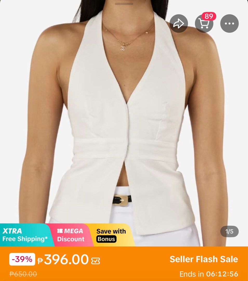 Yellow Halter Top (Category: Blouses) located in Bulacan. Submitted by henlooo03 (Listing ID 1413953352, Image 1). Description: - Elegant white halter top - Features a V-neckline - Button-down front - Fitted silhouette - Cinched waist detail - Perfect for a chic look - On sale!.
