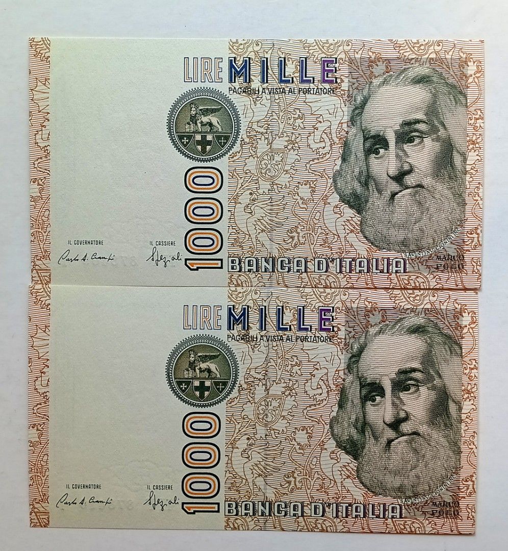 意大利1982年1000里拉兩張連號UNC（HF878409-10I）, 興趣及遊戲, 收藏品及紀念品, 錢幣- Carousell