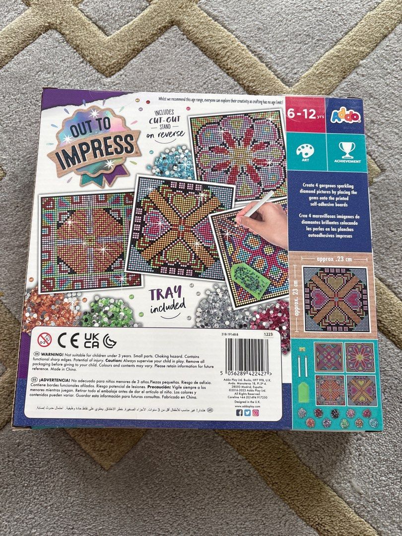 Aido Out to Impress Diamond Sparkle Art Kit (Category: Toys & Games) located in Kuala Lumpur. Submitted by quickhorse.1fa167 (Listing ID 1414087323, Image 2). Description: - Diamond art kit with over 8,000 sparkly gems - Includes 4 designs to complete - Suitable for ages 6-12 - Kit includes tray and cut-out art - Approximate size: 23cm x 23cm - Provides hours of creative fun!.