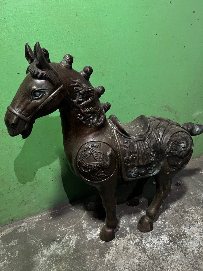 Antique Bronze Horse Statue (Category: Figurines & Statues) located in Manila. Submitted by vintage_styles_co (Listing ID 1414241051, Image 3). Description: - Antique bronze horse statue - Intricate dragon and phoenix details - Includes saddle and bridle - Standing position - Weathered, antique look - Perfect for home decoration.