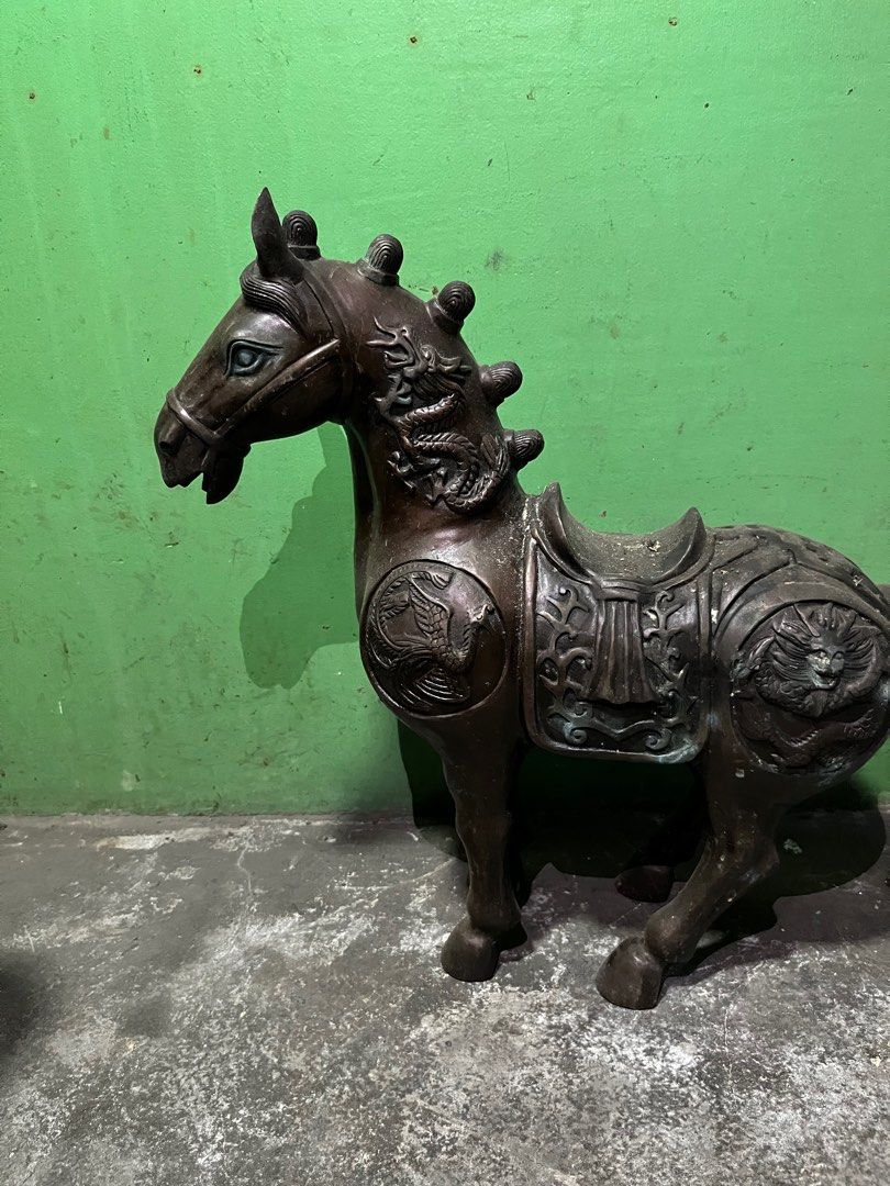 Antique Bronze Horse Statue (Category: Figurines & Statues) located in Manila. Submitted by vintage_styles_co (Listing ID 1414241051, Image 2). Description: - Antique bronze horse statue - Intricate dragon and phoenix details - Includes saddle and bridle - Standing position - Weathered, antique look - Perfect for home decoration.