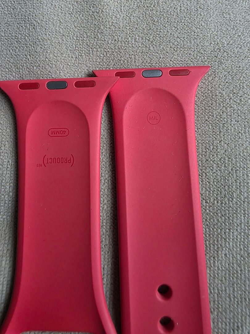 Apple Watch Band - 40mm M/L Red (Category: Wearables & Smart Watches) located in Davao. Submitted by akvtOS (Listing ID 1414092255, Image 2). Description: - Genuine Apple Watch band - Color: Red - Size: 40mm - Band Size: M/L - Includes product marking - Easy attachment with pin - Adjustable size with multiple holes 2pcs set only ( M/L ) never been used 1---.