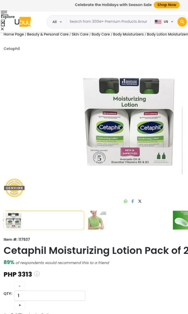 Cetaphil Moisturizing Lotion 2-Pack (Category: Body Care) located in Masantol. Submitted by chumfairy (Listing ID 1414118287, Image 3). Description: - 1600 for 2 pack - Cetaphil Moisturizing Lotion - For normal to dry skin - Lightweight and hydrates for 48 hours - Contains glycerin, vitamins B3 & B5 - Suitable for face and body - For all skin types - 20 fl oz (591 mL) bottle.