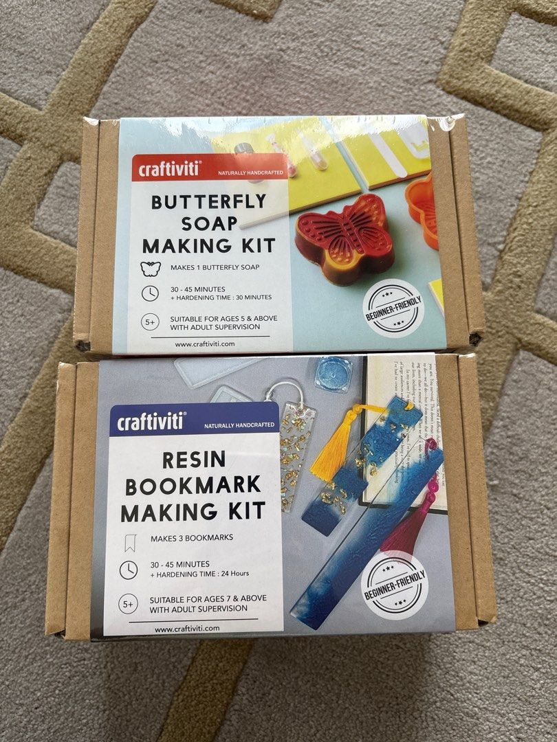Craftiviti Butterfly Soap & Resin Bookmark Making Kit (Category: Handmade Craft) located in Kuala Lumpur. Submitted by quickhorse.1fa167 (Listing ID 1414089360, Image 1). Description: Craftiviti Butterfly Soap Making Kit and Resin Bookmark Making Kit. The butterfly soap kit makes 1 soap and takes 30 minutes to make, with a 30-minute hardening time. The resin bookmark kit makes 3 bookmarks and takes 30-45 minutes, with a 24-hour hardening time. Su