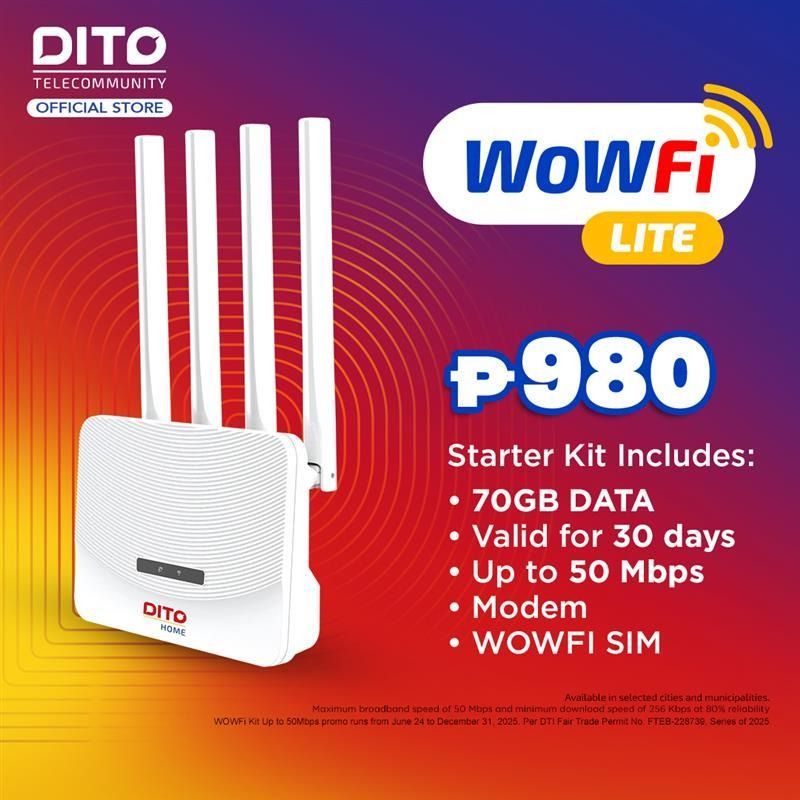 DITO SIM WOWFI LITE Modem with 70GB DATA for 30 Days (Category: Everything Else Others) located in Quezon City. Submitted by mobilehub_ (Listing ID 1414107220, Image 1). Description: DITO SIM WowFi Lite Modem - Brandnew - With Sim Card - With 70GB Data Good For 30 Days SRP - P980 PRICE - P799 Only _______________________________________ Payment Options : BDO / BPI GCash PayMaya COD via Lalamove Gotyme Maribank Same Day Delivery - Grab or Lalamove