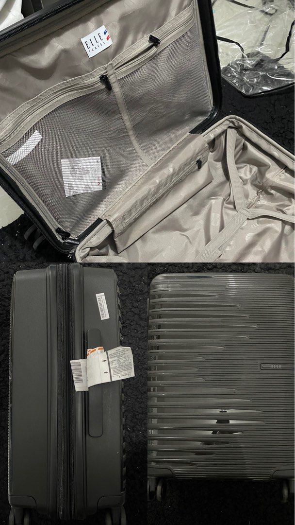 ELLE Travel Luggage (Category: Luggage) located in Quezon City. Submitted by angelo124 (Listing ID 1414202734, Image 1). Description: - ELLE travel luggage - Dark gray exterior with textured design - Spacious interior with multiple compartments - Includes straps to secure belongings - Features a handle and wheels - Tags still attached.