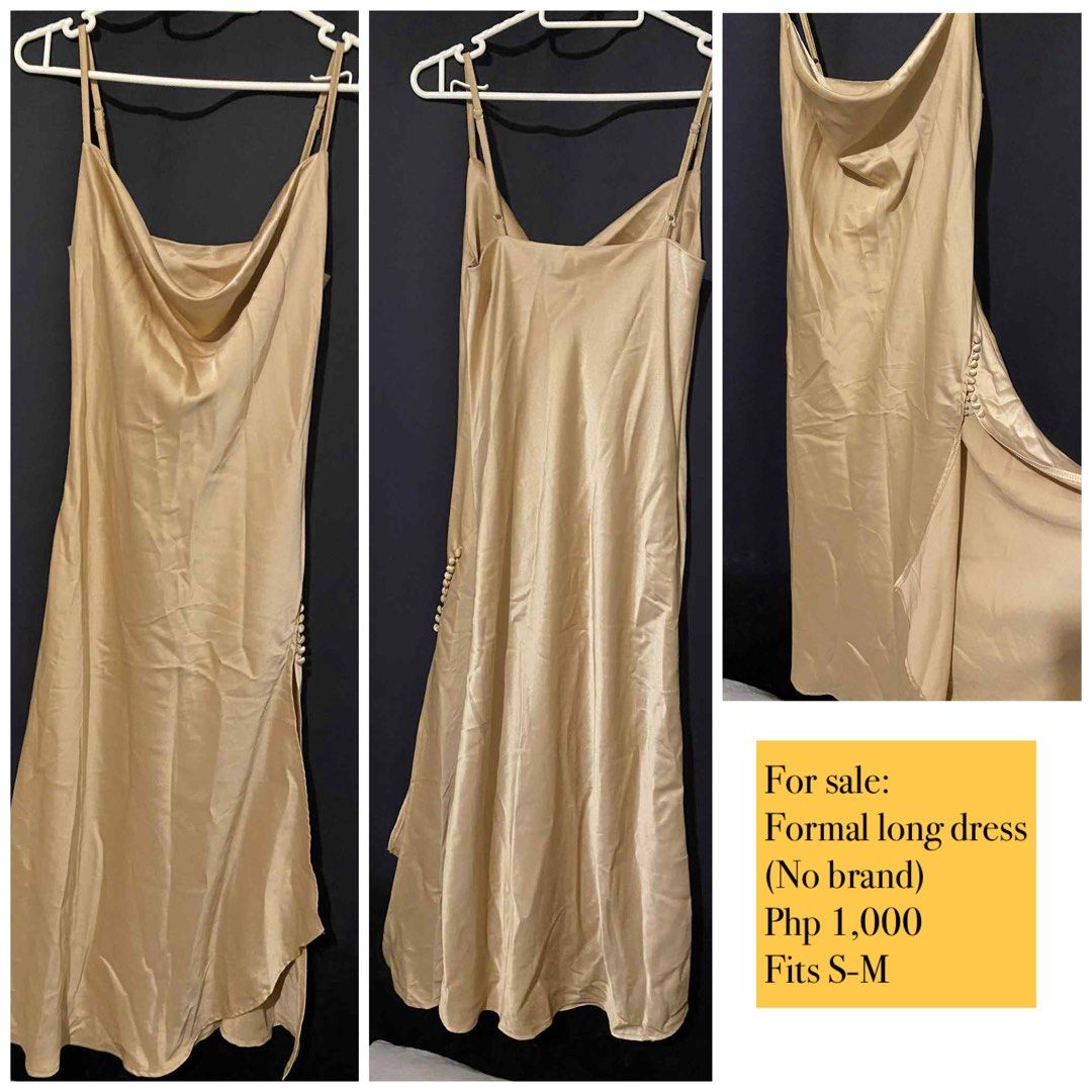 Formal Long Dress - Fits S-M (Category: Dresses) located in Quezon City. Submitted by rarefinder_ane (Listing ID 1414170552, Image 1). Description: - Gold formal long dress - Cowl neckline - Spaghetti straps - Side slit with button details - Fits sizes S-M - Perfect for special occasions Shipping/delivery to be arranged by buyer Loc: Quezon City.