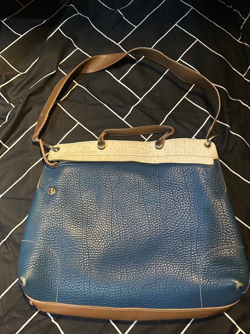 Furla Piper Leather 2-way Bag (Category: Luxury Bags & Wallets) located in Manila. Submitted by fiercefish-eaf55c (Listing ID 1414110046, Image 2). Description: - Furla Piper 2-way bag - Blue leather body with brown accents - Top handle and shoulder strap included - Rectangular shape with flap closure.