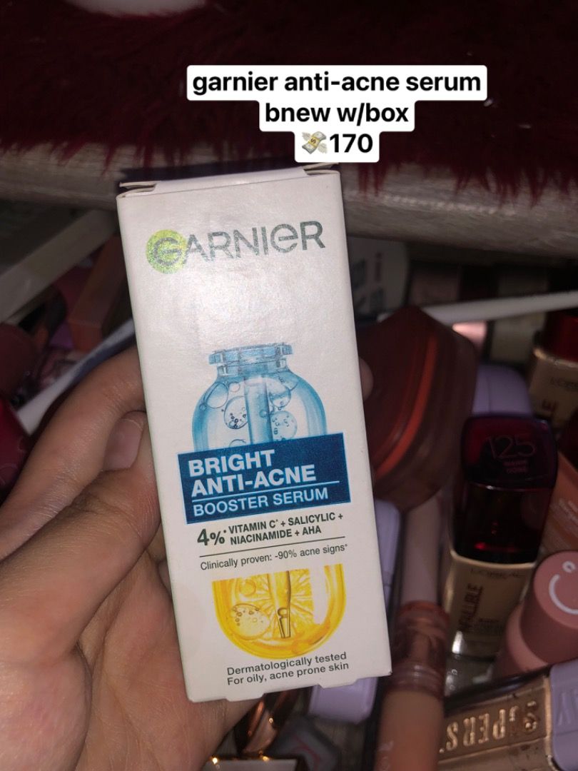 Garnier Bright Anti-Acne Booster Serum (Category: Face Care) located in Malabon City. Submitted by nvrrsamantha (Listing ID 1414203577, Image 1). Description: - Garnier Bright Anti-Acne Booster Serum - Contains Vitamin C, Salicylic Acid, Niacinamide, and AHA - Clinically proven to reduce acne signs by 90% - Dermatologically tested for oily and acne-prone skin - Comes with the original box.
