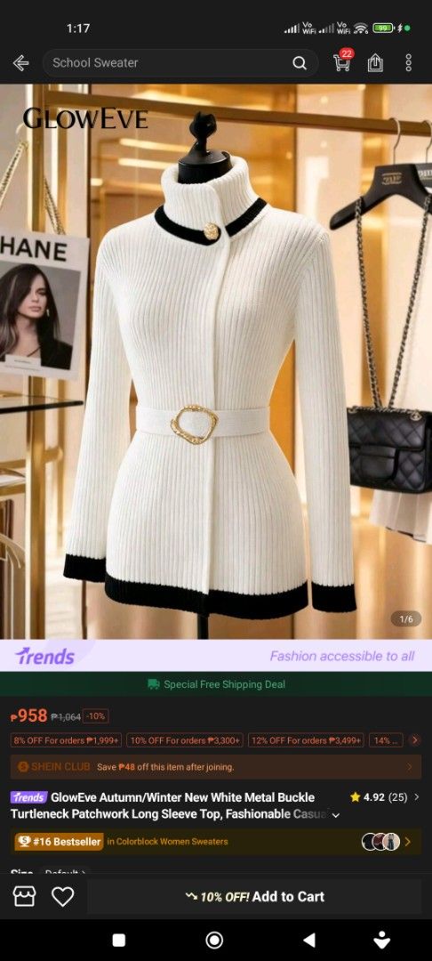 Gloweve Turtleneck Sweater in White (Category: Longsleeves) located in Manila. Submitted by levigurl (Listing ID 1414102328, Image 2). Description: - White turtleneck sweater - Black trim detail - Long sleeves - Includes a belt with metal buckle - Button-up design - Suitable for autumn and winter - rfs: no need na. used it once..