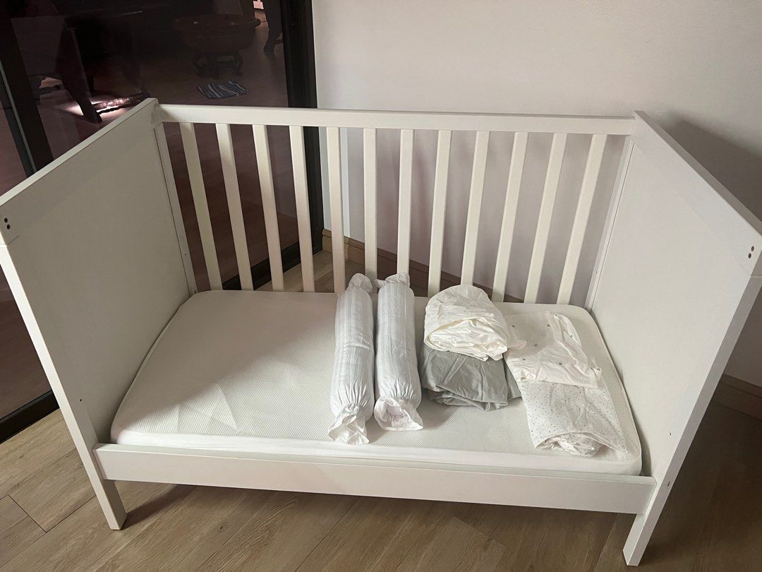 IKEA Crib Mattress and Beddings (Crib Excluded) (Category: Cots & Cribs) located in Quezon City. Submitted by cloudy143 (Listing ID 1414130737, Image 2). Description: All items costs around 5900. Lightly Used Skonast Crib Mattress 60x120cm 4 Fitted Sheets 2 Pillows with pillowcase *Crib Excluded *Kindly see my other listing with the crib.
