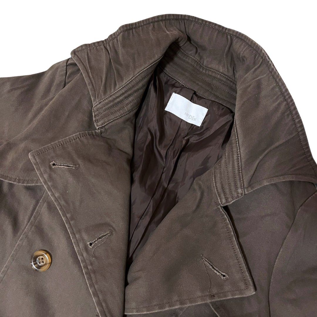 INDEX Dark Brown Double-Breasted Trench Coat (Category: Coats, Jackets and Outerwear) located in Manila. Submitted by c112206 (Listing ID 1414134363, Image 3). Description: • Double-breasted design • Also purchased here on Carousell! • Very good condition but missing belt • Used only once during my December 2025 Japan trip • Perfect for stylish winter fits and ideal for layering 📍 Biñan/Pasig (Meetup can be at SM Megamall, subject to availabilit