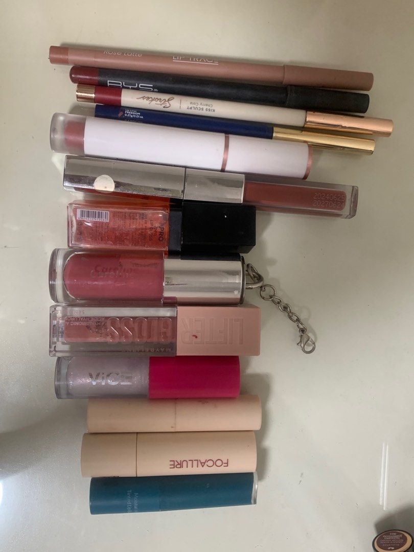 Lipstick and Lip Liner Bundle (Category: Makeup) located in Makati City. Submitted by products_on_a_budget (Listing ID 1414187877, Image 1). Description: - Lipstick and lip liner bundle - Includes lipsticks from Maybelline and Focallure and others - Colors range from nude to pink - Please dm for inquiries - Some products are lightly used while others are heavily used - RFS: declutterring .