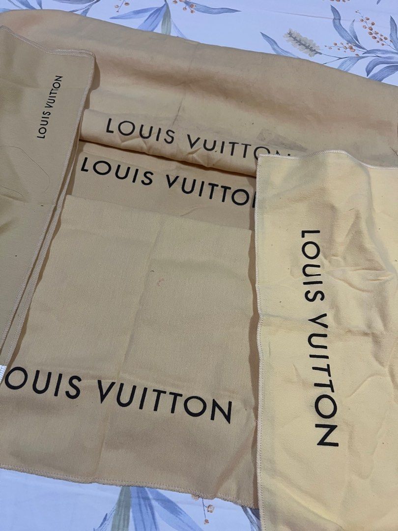 Louis Vuitton Dust Bags (Category: Luxury Bags & Wallets) located in Pasig City. Submitted by orlyspreloved (Listing ID 1414114341, Image 2). Description: - Authentic Louis Vuitton dust bags - Multiple sizes available - Protects handbags and accessories - Soft beige fabric - Features the Louis Vuitton logo - Ideal for storage -6 pcs available.