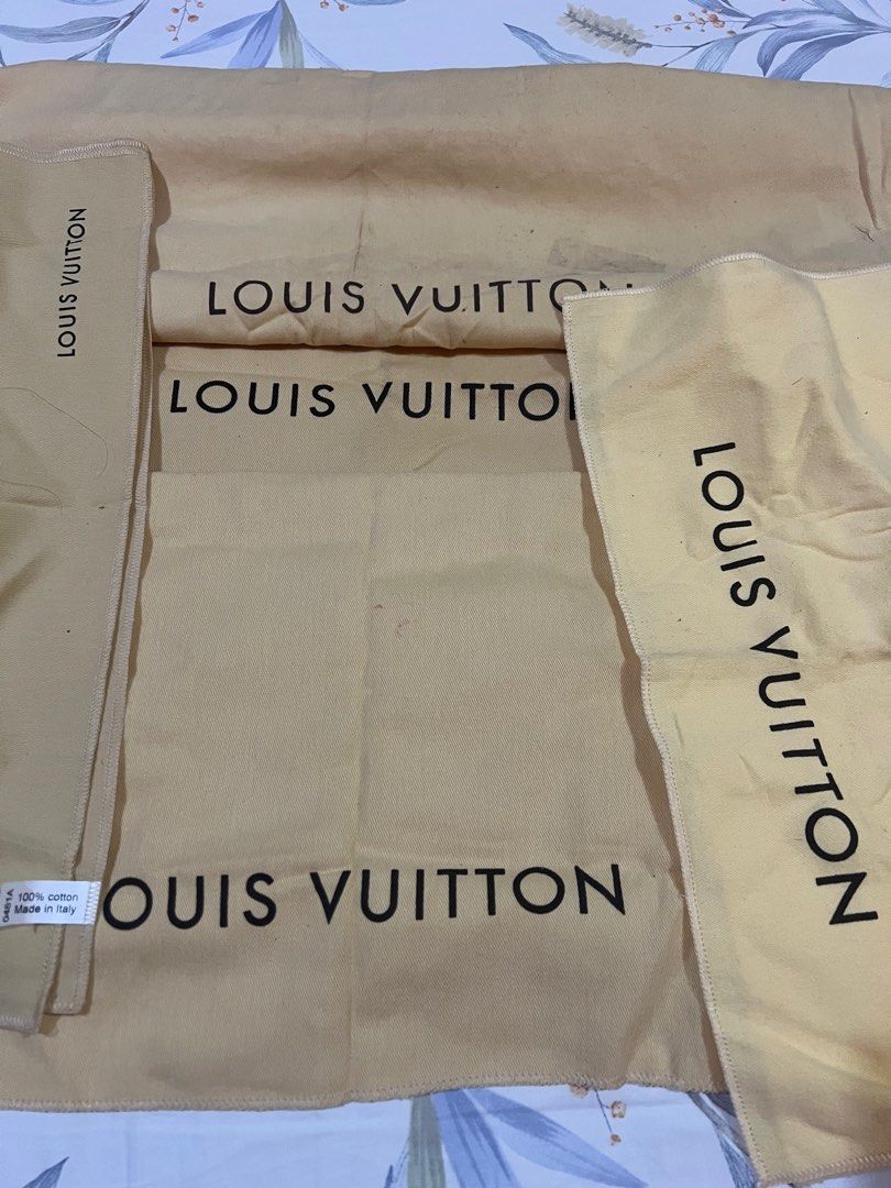 Louis Vuitton Dust Bags (Category: Luxury Bags & Wallets) located in Pasig City. Submitted by orlyspreloved (Listing ID 1414114341, Image 1). Description: - Authentic Louis Vuitton dust bags - Multiple sizes available - Protects handbags and accessories - Soft beige fabric - Features the Louis Vuitton logo - Ideal for storage -6 pcs available.