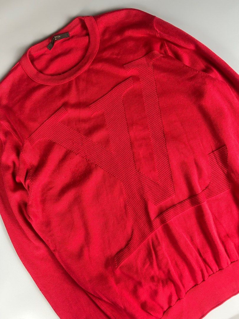Louis Vuitton Red Cotton Sweater (Category: Luxury Apparel) located in Manila. Submitted by 3rdealz (Listing ID 1414241892, Image 2). Description: Louis Vuitton Marc Jacobs era - Size: L - Made in Italy - Features a large LV logo - Material: 100% cotton - Style: Crew neck, long sleeves - Color: Red - Includes care instructions.