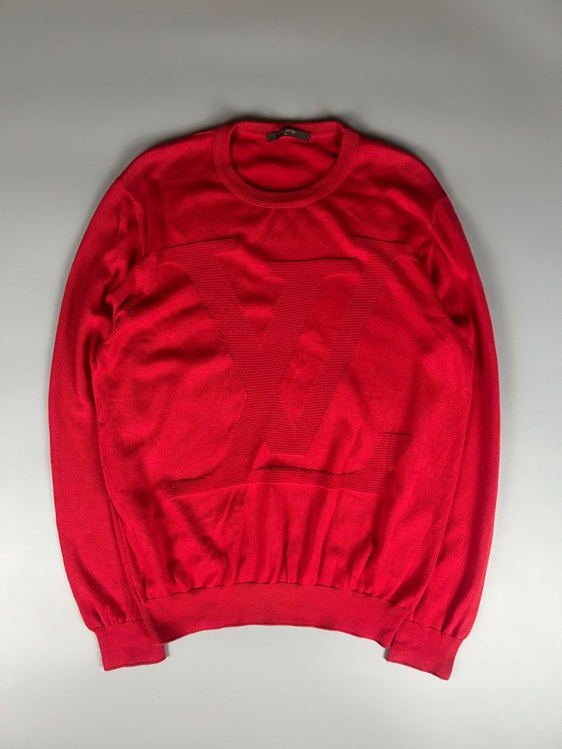 Louis Vuitton Red Cotton Sweater (Category: Luxury Apparel) located in Manila. Submitted by 3rdealz (Listing ID 1414241892, Image 1). Description: Louis Vuitton Marc Jacobs era - Size: L - Made in Italy - Features a large LV logo - Material: 100% cotton - Style: Crew neck, long sleeves - Color: Red - Includes care instructions.