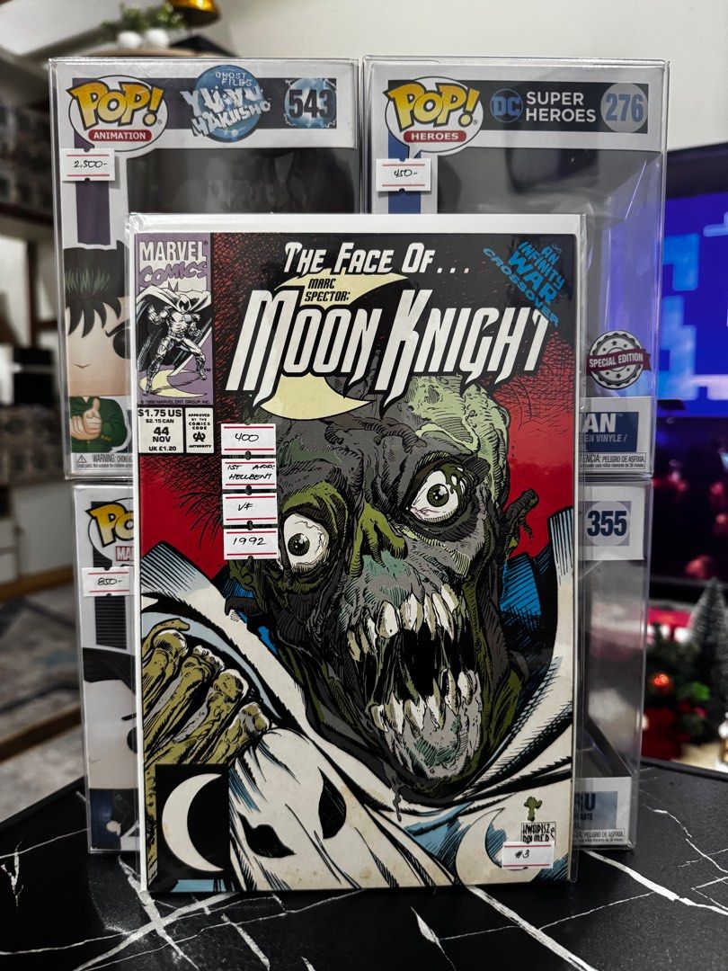 Marvel Comics Moon Knight #3 (Category: Comics & Manga) located in Pateros City. Submitted by lacasadekartonph (Listing ID 1414133428, Image 1). Description: - Marvel Comics Moon Knight #3 comic book - Features "The Face of Moon Knight" story - Published in 1992 - Price: "$400" - Includes protective case.