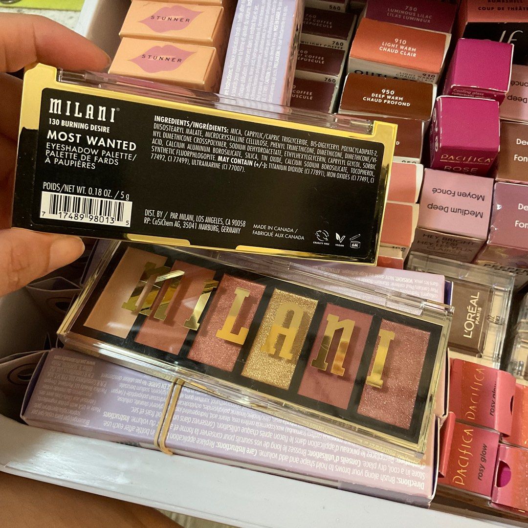 Milani Most Wanted Eyeshadow Palette (Category: Makeup) located in Paranaque City. Submitted by mkels1204 (Listing ID 1414067608, Image 2). Description: Milani Most Wanted Eyeshadow Palette - Shade: 130 Burning Desire - Contains five eyeshadow shades - Brand new, in original packaging - Ingredients and details listed on the back.
