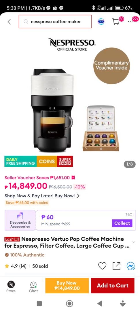 Nespresso Vertuo Pop Coffee Machine (Category: Coffee Machines & Makers) located in Quezon City. Submitted by e.man.new.well (Listing ID 1414063175, Image 3). Description: - Brand new Nespresso Vertuo Pop coffee machine - Color: Red - Comes in original packaging - Original price: ₱15000.00.