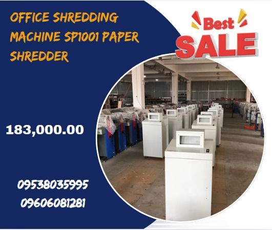 Office Shredding Machine Sp1001 Paper Shredder (Category: Industrial Equipment) located in Caloocan City. Submitted by goldenriver-a9d0 (Listing ID 1414107583, Image 1). Description: Shredding method High Speed Cross Cut Shredding Shredding materials: Paper, CD, document Shredding particle size: 4mm * 40mm DIN66399 Level： P 4 Shredding capacity (70g/m²）： 30-35 sheets (A4) Shredding capacity (80g/m²）： 25-30 sheets (A4) Shredding capacity: 60 – 80 