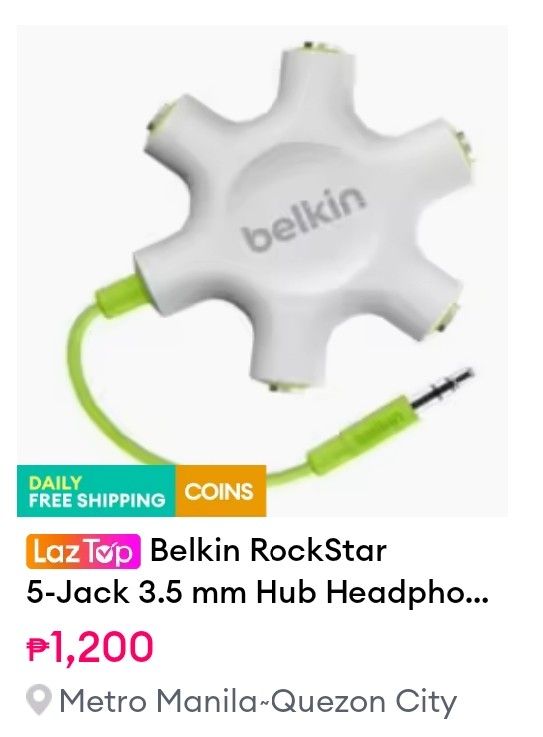 Original Belkin Rockstar Aux Cable Splitter (Category: Portable Audio Accessories) located in Angono. Submitted by raikagemarvz37 (Listing ID 1414153325, Image 2). Description: Binuksan lang for checking kung may laman, at working din naman, bilin nyu na for 1k or less, usap na lang po..