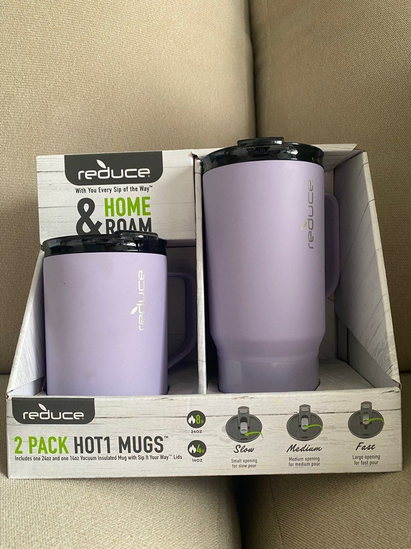 Reduce Home & Roam 2-Pack Hot1 Mugs (Category: Coffee & Tea Tableware) located in Taguig. Submitted by tp2024 (Listing ID 1414068189, Image 1). Description: Reduce Home & Roam 2-pack of HOT1 Mugs. The set includes one 24oz and one 14oz vacuum insulated mug with Sip It Your Way lids. The mugs are cup holder friendly and designed for home or on-the-go use. They are dishwasher safe and have a soft sit base. The lids have adjustable flow..