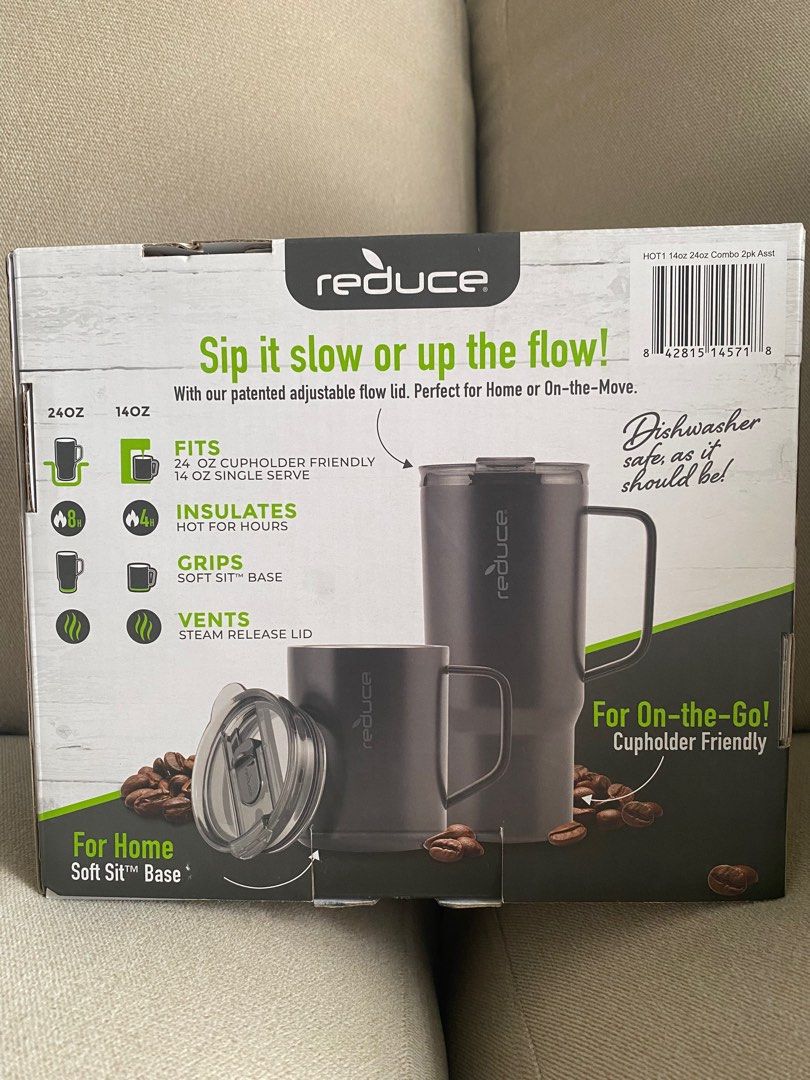 Reduce Home & Roam 2-Pack Hot1 Mugs (Category: Coffee & Tea Tableware) located in Taguig. Submitted by tp2024 (Listing ID 1414068189, Image 2). Description: Reduce Home & Roam 2-pack of HOT1 Mugs. The set includes one 24oz and one 14oz vacuum insulated mug with Sip It Your Way lids. The mugs are cup holder friendly and designed for home or on-the-go use. They are dishwasher safe and have a soft sit base. The lids have adjustable flow..