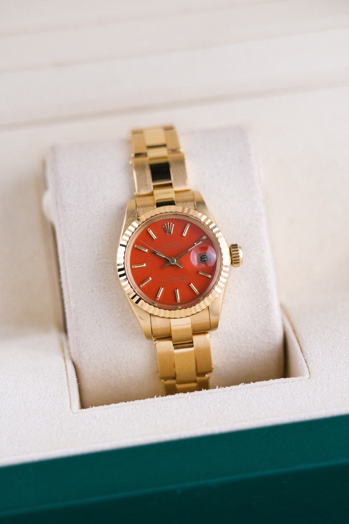 Rolex Lady-Datejust "Stella Dial" (Category: Luxury Watches) located in Quezon City. Submitted by awristotell (Listing ID 1414172111, Image 2). Description: “New WRISTwatch to TELL” Rolex Lady-Datejust “Stella Dial” Extremely Rare “Orange Stella Dial” *Collector’s Piece* Mint Condition Price: 888,000 PHP Ref: 6917 Year: 1978 Movement: Automatic Crystal: Sapphire Case: 26mm Material: 18k Yellow Gold Lug width: 13mm Bracelet: Very Rare 18k Yellow G
