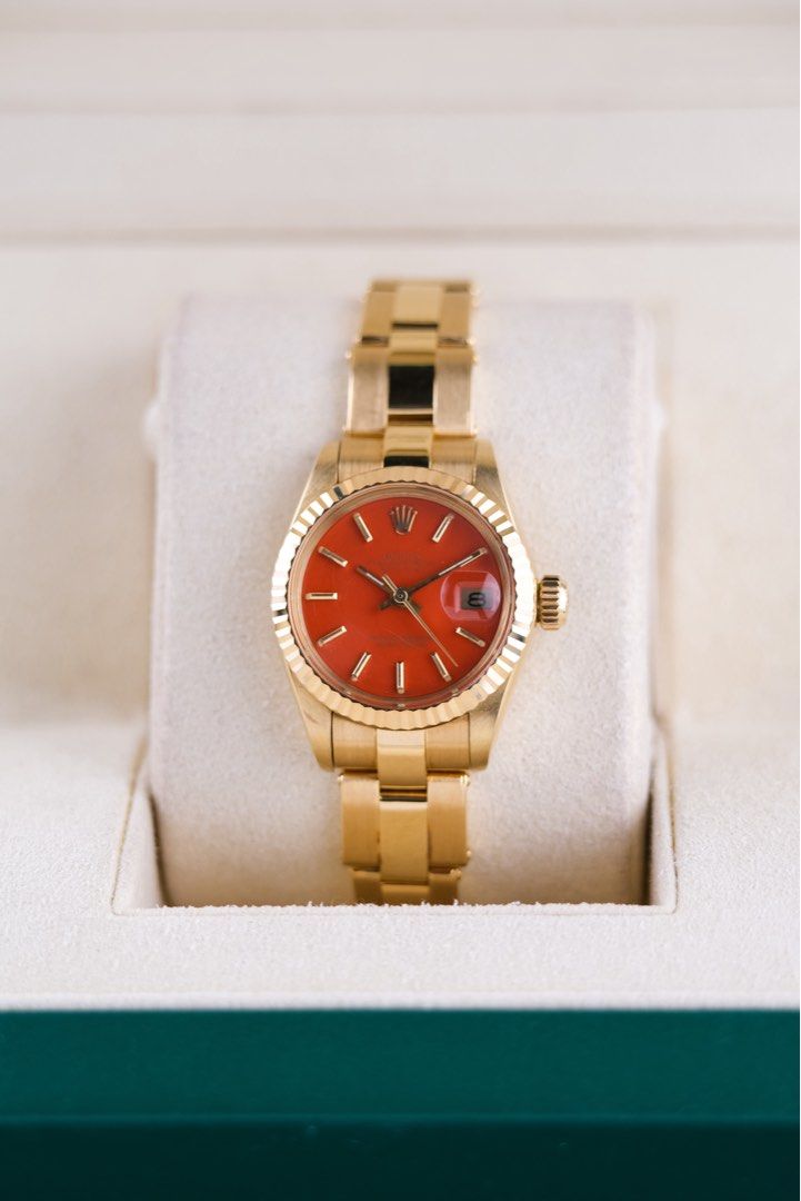 Rolex Lady-Datejust "Stella Dial" (Category: Luxury Watches) located in Quezon City. Submitted by awristotell (Listing ID 1414172111, Image 3). Description: “New WRISTwatch to TELL” Rolex Lady-Datejust “Stella Dial” Extremely Rare “Orange Stella Dial” *Collector’s Piece* Mint Condition Price: 888,000 PHP Ref: 6917 Year: 1978 Movement: Automatic Crystal: Sapphire Case: 26mm Material: 18k Yellow Gold Lug width: 13mm Bracelet: Very Rare 18k Yellow G