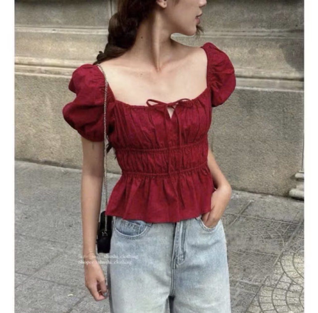 Shushi Linen Top Red (Category: Blouses) located in Quezon City. Submitted by patbrandeditems (Listing ID 1414113471, Image 2). Description: - Super good quality linen fabric - fits s-m - Stylish puff sleeves - Fitted bodice with shirring details - Includes a tie at the bust - Deep Red Color .