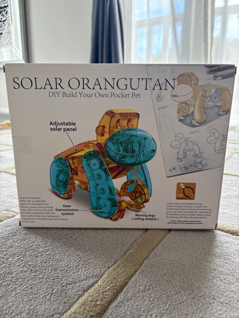 Solar Orangutan DIY Pocket Pet (Category: Homes & Other Pet Accessories) located in Kuala Lumpur. Submitted by quickhorse.1fa167 (Listing ID 1414086171, Image 2). Description: - DIY Solar Orangutan kit! - Includes two sets of plastic parts for color customization. - Features an adjustable solar panel. - Gear transmission system. - Moving legs with rolling wheels. - Fun and educational for ages 8+. - Learn about solar energy!.