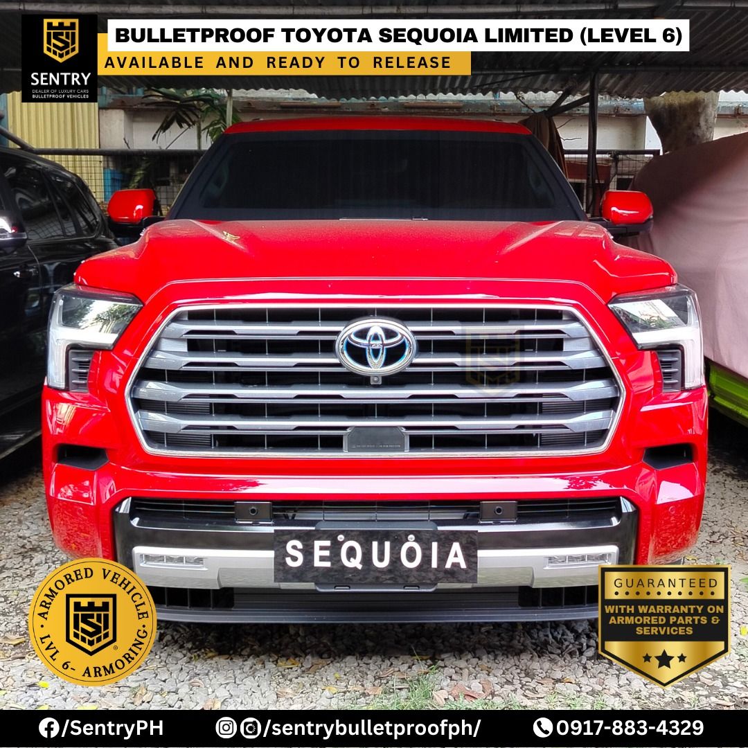 TOYOTA BULLETPROOF SEQUOIA LIMITED (Category: New Cars) located in Quezon City. Submitted by sentrybulletproofph (Listing ID 1414110440, Image 1). Description: 🛡️ 𝐁𝐔𝐋𝐋𝐄𝐓𝐏𝐑𝐎𝐎𝐅 Toyota Sequoia Limited 4x4 (HYBRID) - Level 6 🛡️ ✅𝗪𝗔𝗥𝗥𝗔𝗡𝗧𝗬 𝗢𝗡 𝗔𝗟𝗟 𝗔𝗥𝗠𝗢𝗥𝗘𝗗 𝗣𝗔𝗥𝗧𝗦 𝗔𝗡𝗗 𝗦𝗘𝗥𝗩𝗜𝗖𝗘𝗦. 𝗚𝗨𝗔𝗥𝗔𝗡𝗧𝗘𝗘𝗗 💯💯💯 - ‼️ AVAILABLE NOW. READY TO RELEASE ‼️ For Inquiries Contact us at: 📲0917-883-4329 (Globe) - Armoring 