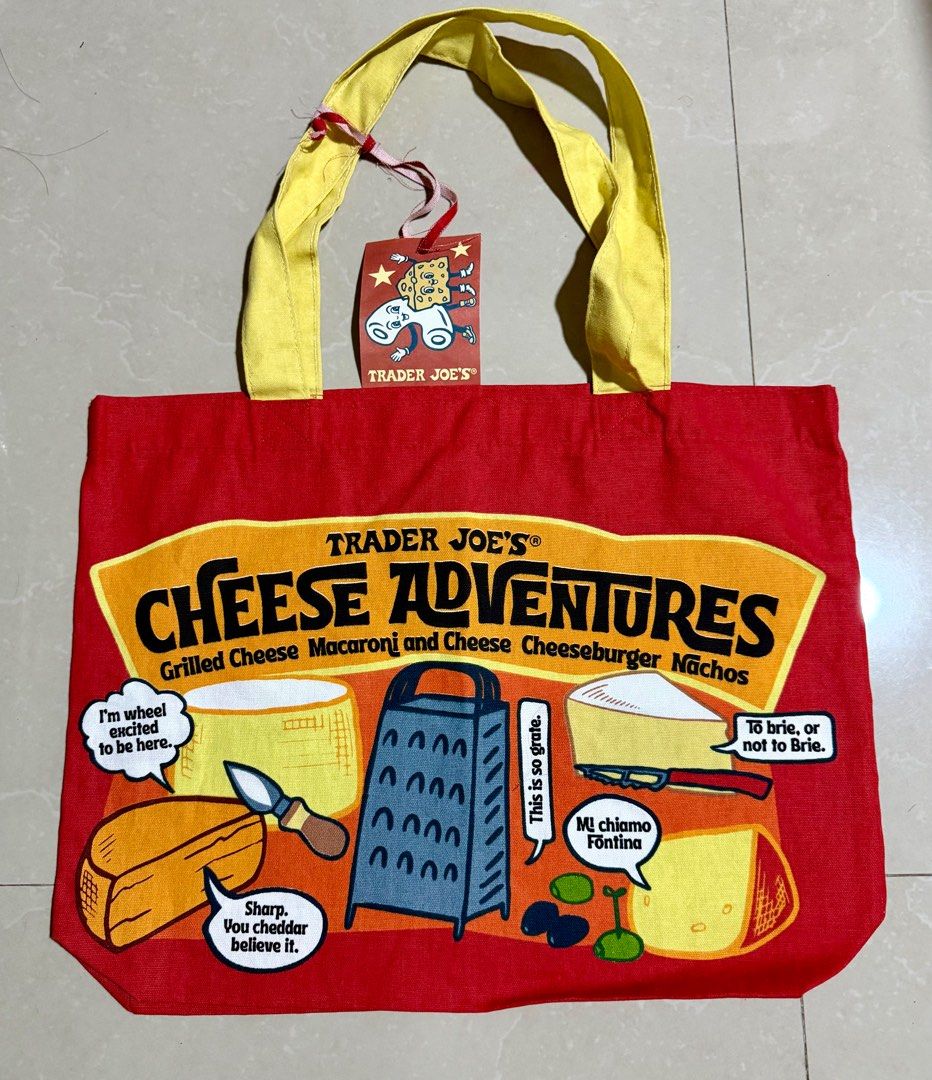 Trader Joe's Cheese Adventures Tote Bag (Category: Tote Bags) located in Manila. Submitted by kingofthegil (Listing ID 1414219643, Image 1). Description: Trader’s Joe Tote Bags from the US. Measurement 14”x 20”.